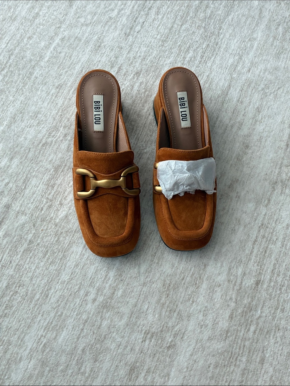 Bibi Lou Women's Tan Suede Slip-On Mule with Gold Buckle